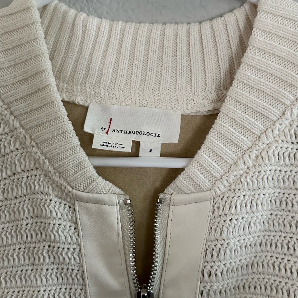 Anthropologie Crochet Faux Leather Trim Bomber Bomber Cardigan Sweater Size S - Picture 3 of 3